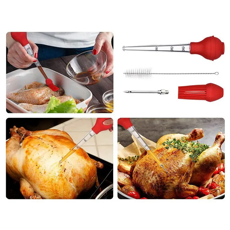 Silicone Dropper Stainless Steel Meat Needle Barbecue Basting Brush
