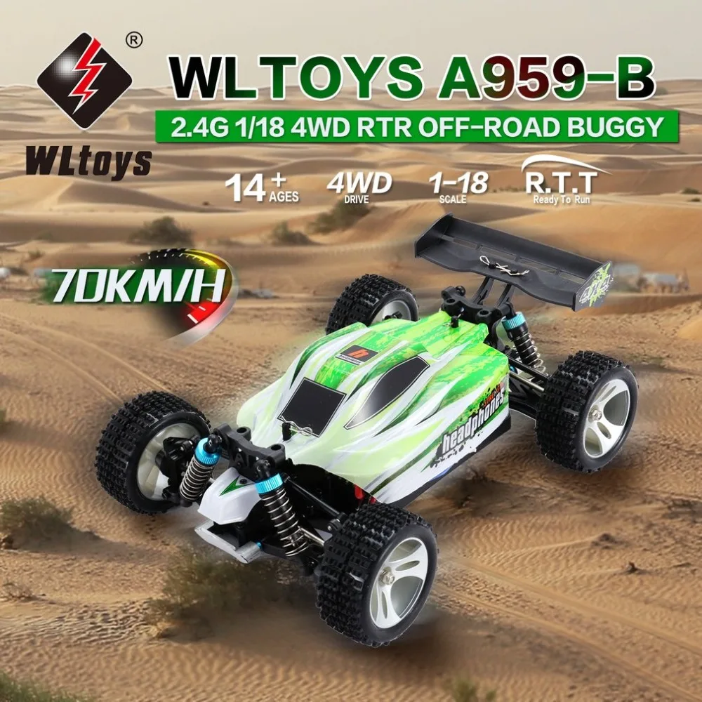 

WLtoys A959-B 2.4G 1/18 Full Proportional Remote Control 4WD Vehicle 70KM/h High Speed Electric RTR Off-road Buggy RC Car