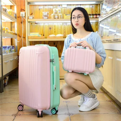 Женский багаж с сумочкой, чехол для костюма ярких цветов, чехол для путешествий из АБС-пластика, сумка на колесиках, УНИВЕРСАЛЬНАЯ ТЕЛЕЖКА на колесиках - Цвет: pinkgreen set