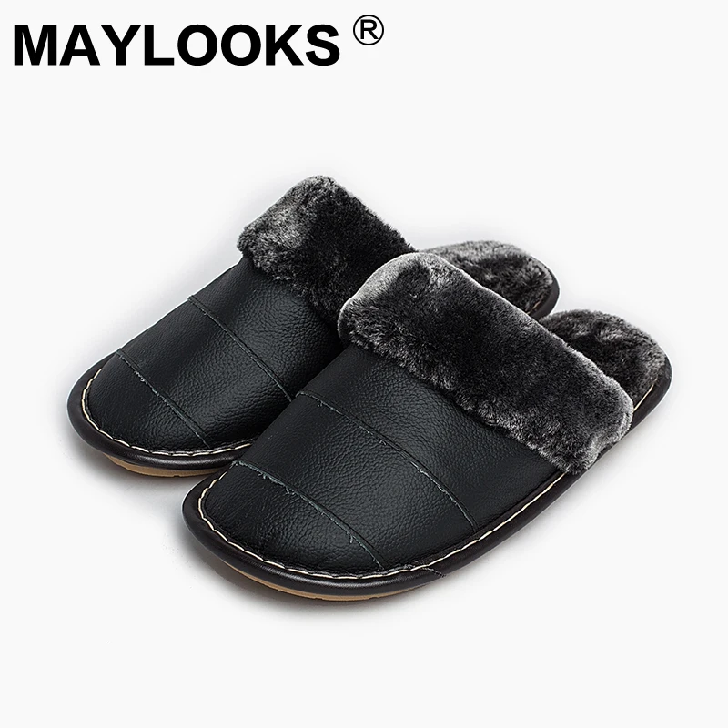 

Men's Slippers Winter genuine Leather Thick With Plush Home Indoor Non-slip Thermal Slippers 2018 New Hot Sale Maylooks M-8816