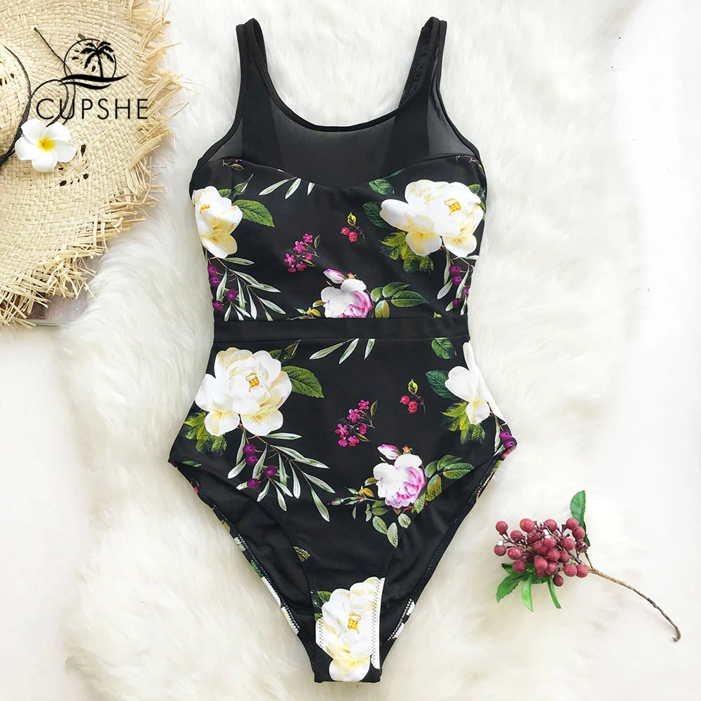 Billige CUPSHE Lotus Floral Print Und Mesh Patchwork einteiliges Badeanzug Frauen Oansatz Spitze up Monokini 2020 Mädchen Strand bade Bademode