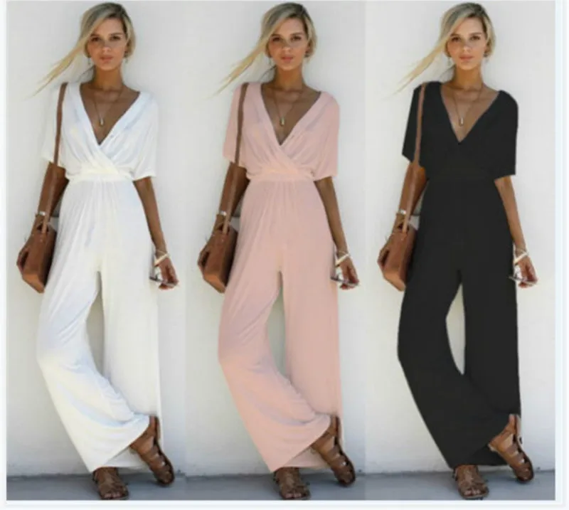

Casual Jumpsuits White Jumpsuits Black Playsuit Short Sleeve Sexy V Neck Monos Largos Mujer Pantalon Largo Pink Women Clothes