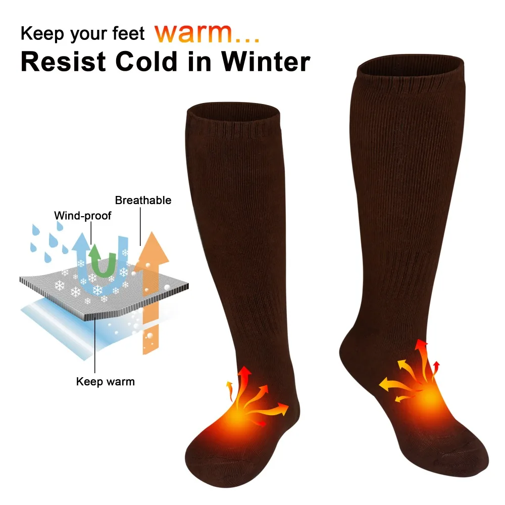 Коричневые носки с подогревом для мужчин перезаряжаемые 3,7 V литиевая батарея холодные зимние толстые носки для охоты Пешие прогулки езда на мотоцикле