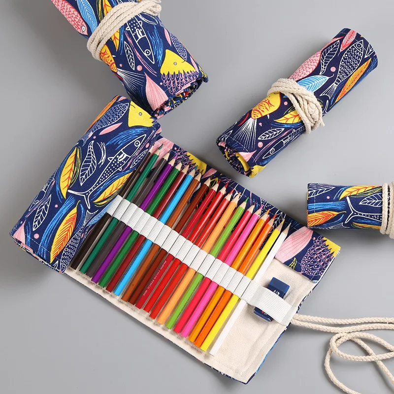 Creative Stationery Pencil Case 36/48/72 Holes Pen Curtain Colorful Fish Cartoon Canvas Wrap Roll Up Brush Bag Gift | Канцтовары для