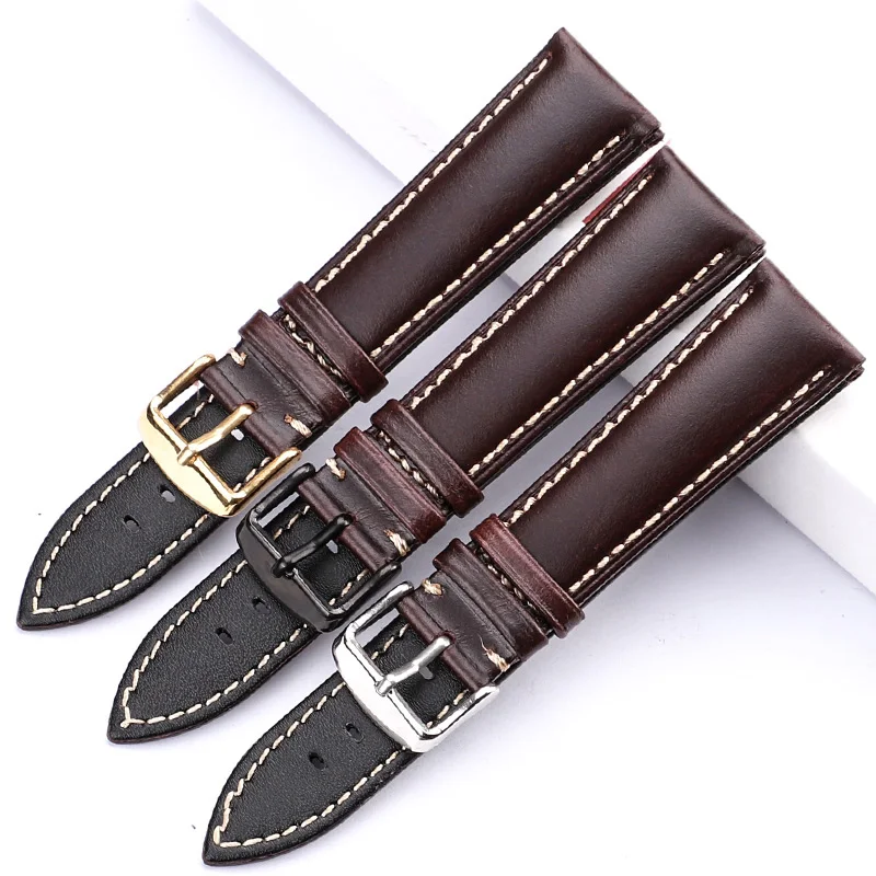 Elegant Genuine Leather Watch Band Strap – Black & Dark Brown with Polished Buckle
