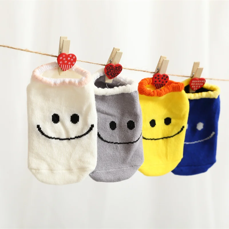 

2016 New Smiling Faces Pattern Cotton Baby Socks Absorbent Breathable Ultra-short Tube Sock Antiskid Children Socks 4Colors