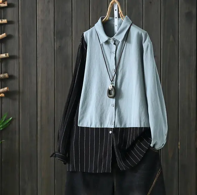 

Women Linen BLouse 2019 Spring Autumn New Contrast Color Stripe Cotton Long-sleeved Cardigan Female Vintage Loose Women Tops