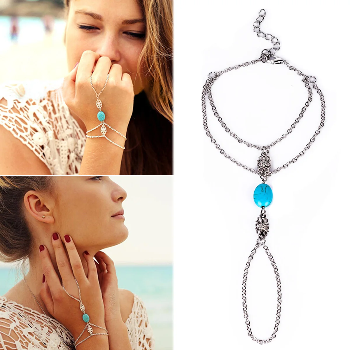 Fashion Chain Bracelet Drop Punk Silver Plated Women Metal Hand Harness Chain Turquoise Beads Slave Finger Ring Boho Jewelry