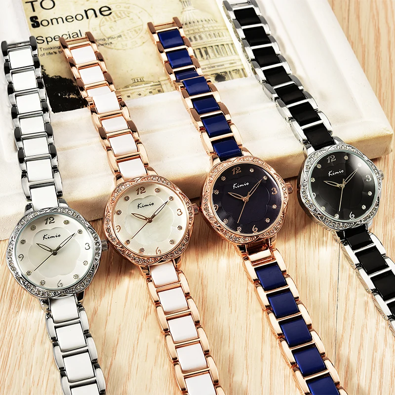 KIMIO Brand Plum Flower Dial Skeleton Willow Pointer Imitation Ceramic Resin Strap Diamond Rose Gold Watch Women Quartz-watch KIMIO Brand Plum Flower Dial Skeleton Willow Pointer Imitation Ceramic Resin Strap Diamond Rose Gold Watch Women Quartz-watch