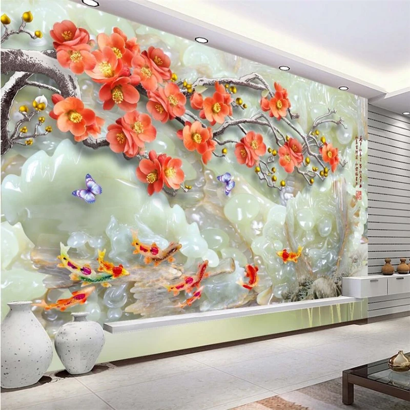 

beibehang Beautiful 3D Plum fish creative three-dimensional jade carving TV background wall custom large green wallpaper