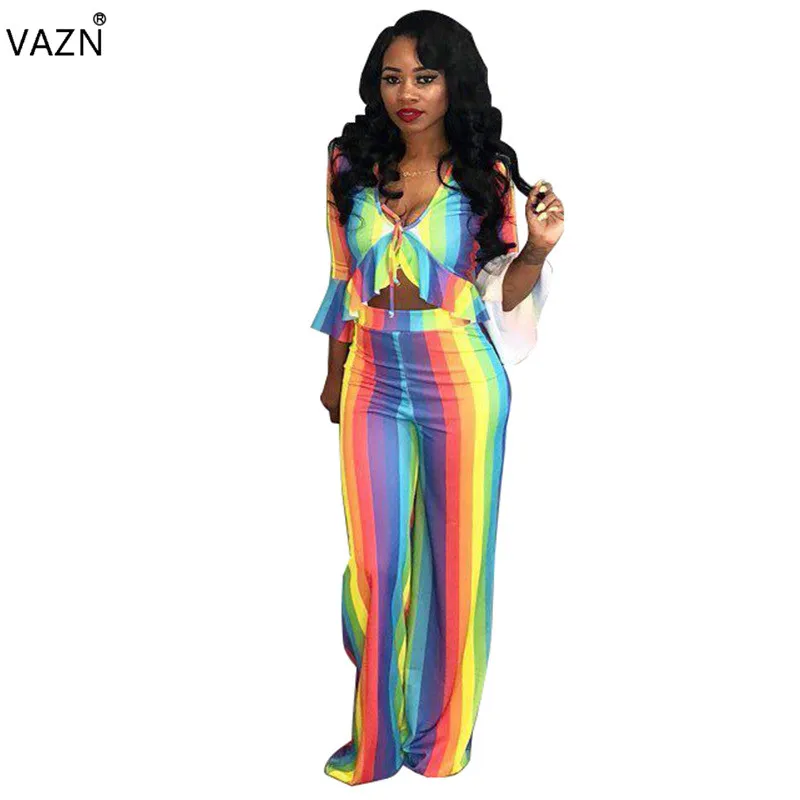 VAZN 2018 summer hot 2 pieces print rainbow color jumpsuits women v