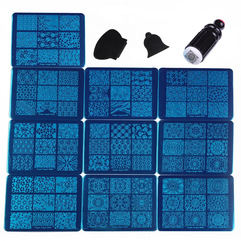 

Finger Angel 10PCS Stamping Plates Stamp Image Platet DIY Nail Template + 1 Set Mini Nail Stamper Transfer Nail Art Tools ZW002
