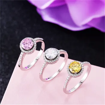 

Sterling S925 Silver Fine Jewelry Classic Rings For Women 3 Colors Round Stone Ring Bride Romantic Wedding Engagement Bijouterie