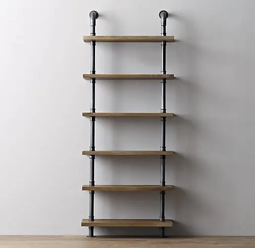 البلاد الأمريكي الحديد المطاوع العتيقة الرجعية أنابيب الحائط الرف خزانة الخشب رف علوي الصناعي