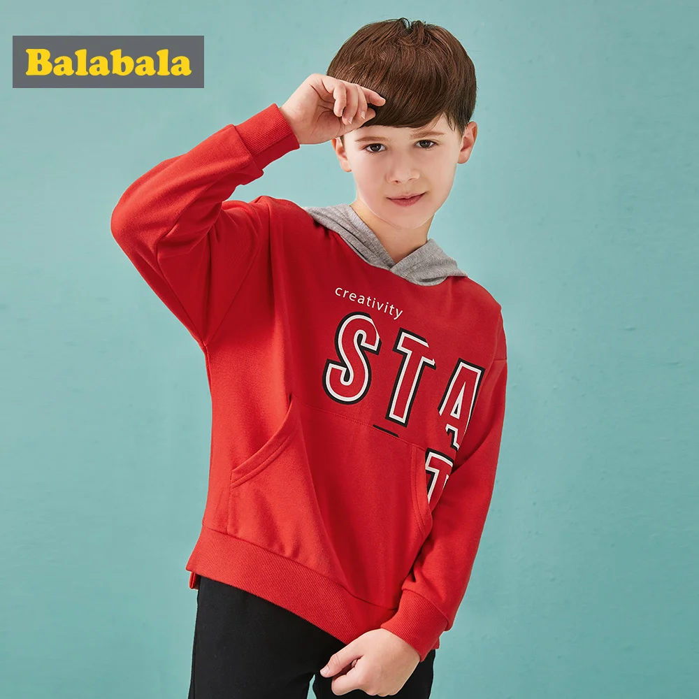 

Balabala Boys Print Hooded Sweatshirt with Kangaroo Pocket Teenage Boy Soft Cotton Pullover Hoodie with Ribbed Cuff and Hem