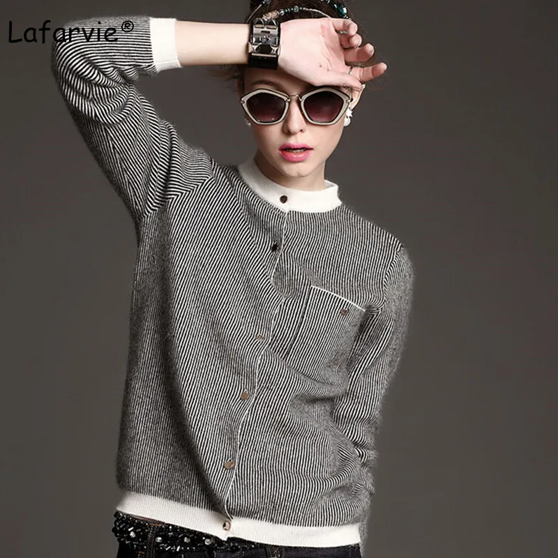 Lafarvie O Neck Knitted Winter Cashmere Sweater Women Cardigan Stripe Long Sleeve Single-breasted New Fall Winter Casual Jumper