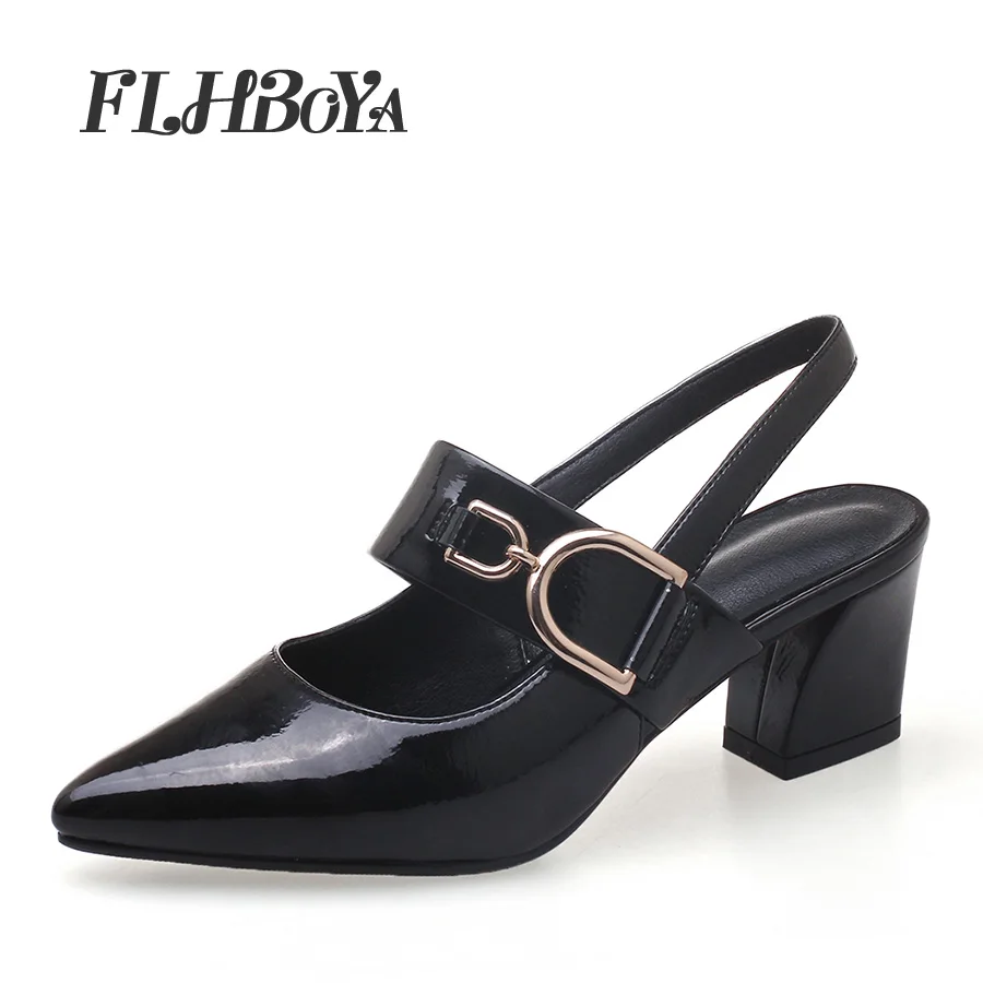 

Women 2018 New Ankle Strap Chunky Heel Sandals Summer Ladies Girl Mid High Block Heels Party Black Beige Pionted Toe Femme Shoes