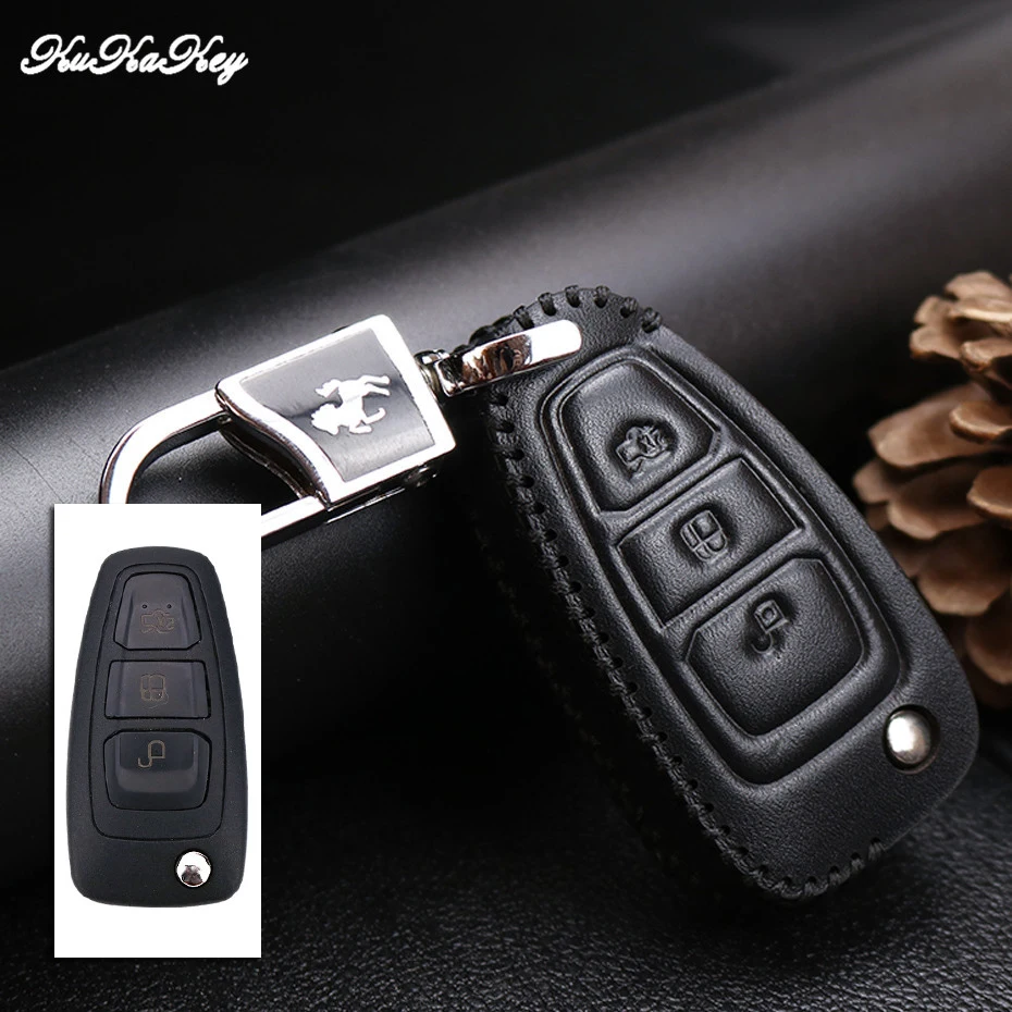 Кожаный чехол для ключей автомобиля, чехол для Ford Focus 2 3 Fiesta Transit Ecosport Mondeo Kuga S-MAX EDGE, брелок-держатель - Название цвета: 3Button Black