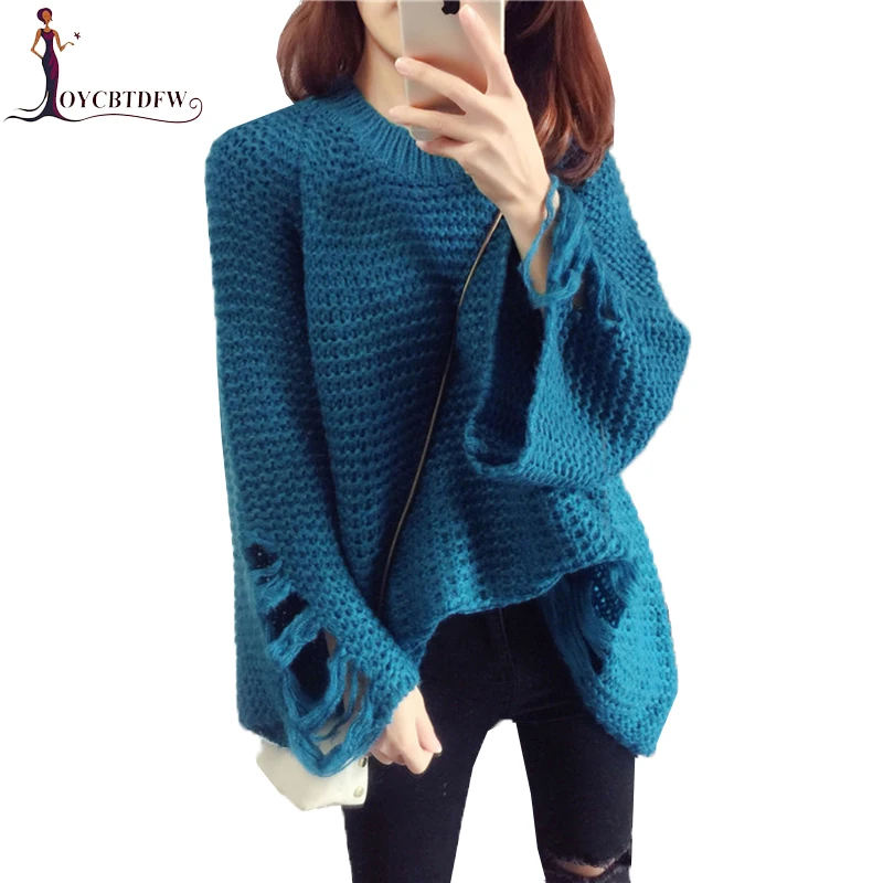 

Women Sweater Pullover 2019 Spring New Korean Sweater Loose Trumpet Sleeve Knit Pullover Sweater Female Hole Fashion Tops NO630