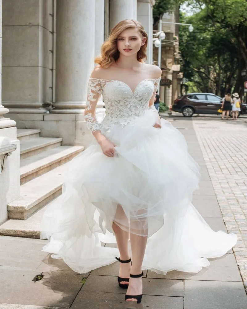 

Romantic Lace Long Sleeve Elegant Tulle Appliques A-Line Wedding Dress Robe De Mariee Sofuge Boho Dubai Arabic Abiti Da Sposa