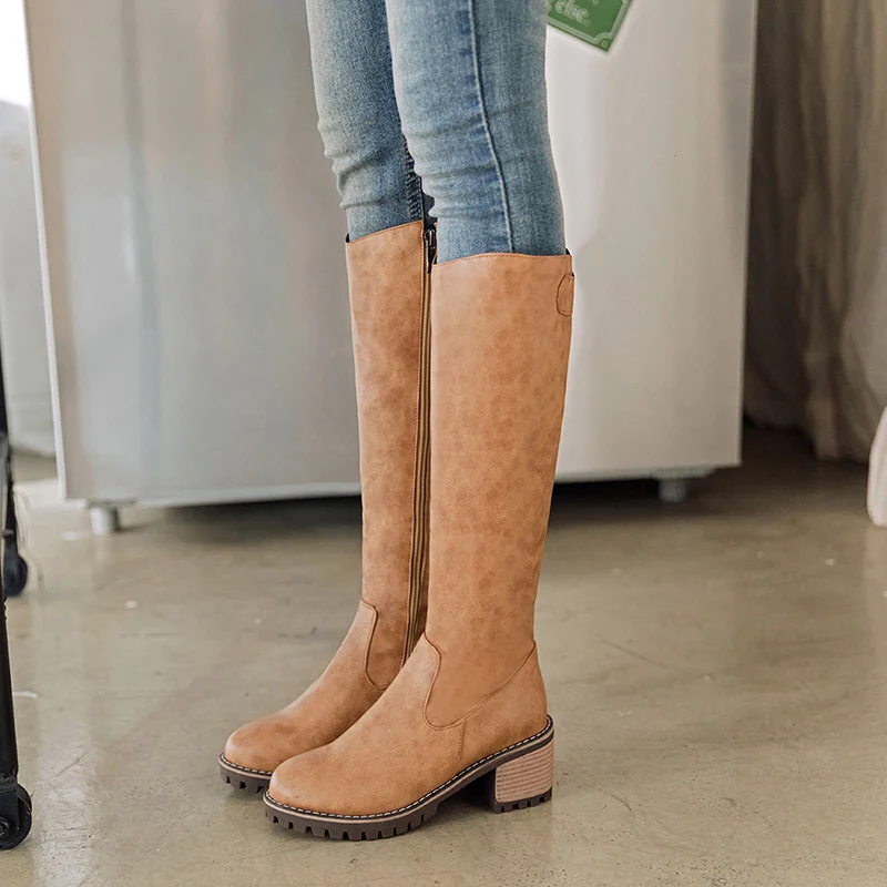 

2018 Women Plus Size Winter Knee High Heels Boots Female Leather Plush Brown Knight Long Tall Boots Booties Lady Snow Fall Shoes