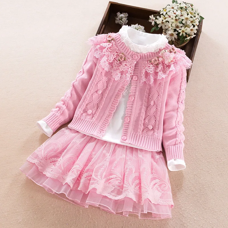 

3pcs/set Girls Clothing Set Children's 2018 Autumn Winter Knit Twist Sweater Lace Pure Cotton Sweater Warm Wool Cardigan