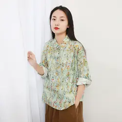 Для женщин с цветочным принтом в винтажном стиле рубашки для мальчиков Карманы весна новый лен с длинным рукавом блузки малышек китайский
