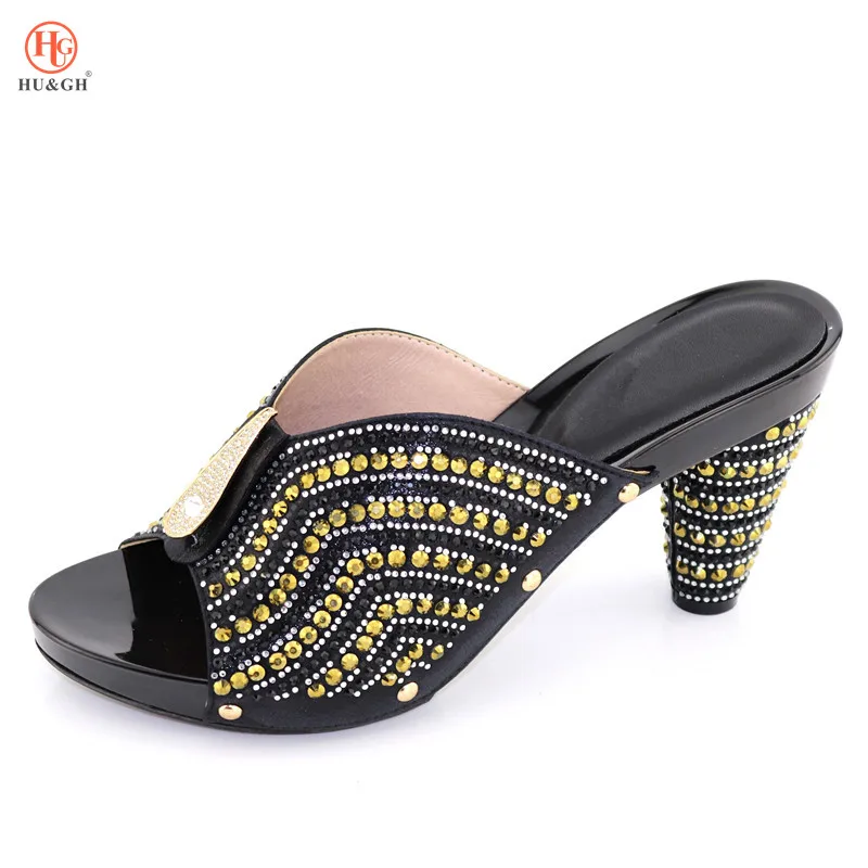 

2018 Black Color Sandals Women African Wedding Shoes High Quality Elegant Italian Women Shoes with Stone High Heels Women Pumps