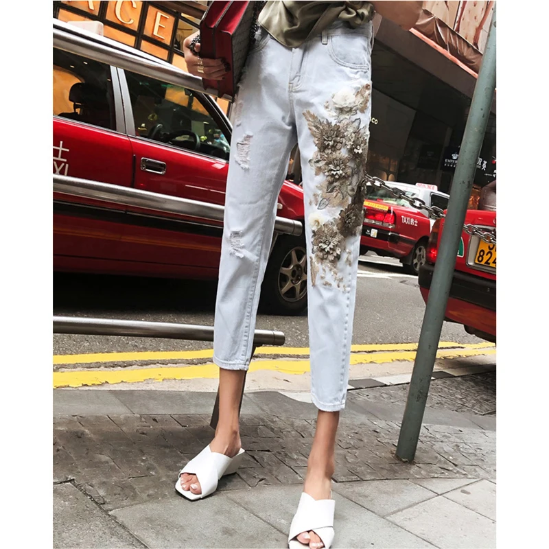 2018 Spring Plus Size Fashion Ripped Hole Bleached Mid