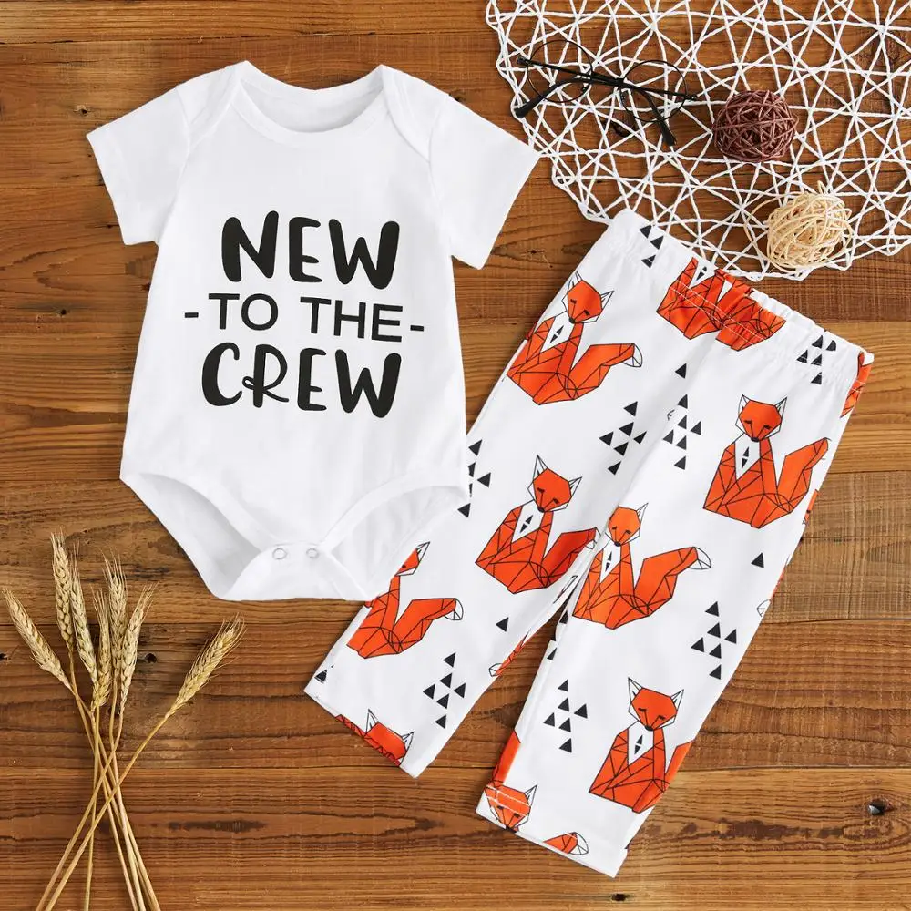 PatPat Newborn Baby Suit Letter Printing Clothes + fox Pattern Pants 100% Cotton Boy Girl | Детская одежда и обувь
