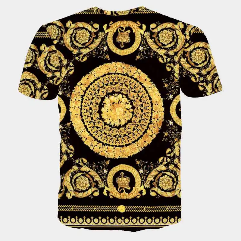 Fashion Brand Men Golden Flower T-shirt Summer 3D Print Blue T-Shirt Homme Short Sleeve Luxury Royal Baroqu Men Clothes Tops (4)