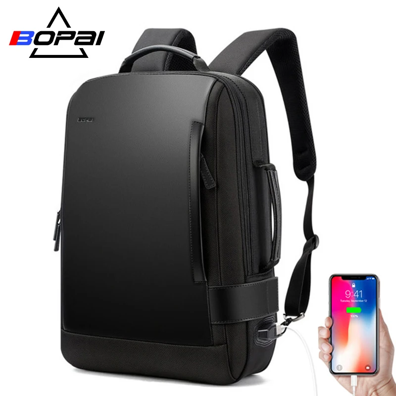 BOPAI Brand Enlarge Backpack USB External Charge 15.6 Inch Laptop Backpack  Shoulders Men Anti-theft Waterproof Travel Backpack 