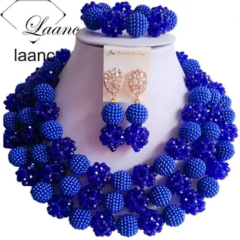 

Laanc Crysal and Simulated Pearl Royal Blue Wedding Jewelry Set Women African Beads Nigerian Necklace AL584
