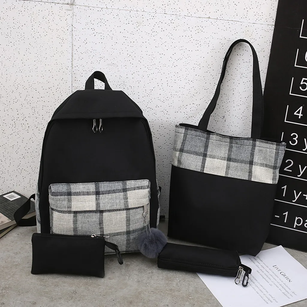 4Pcs Fashion lady Student Canvas shoulder bag schoolbag bag Tour backpack plaid cosmetic bag