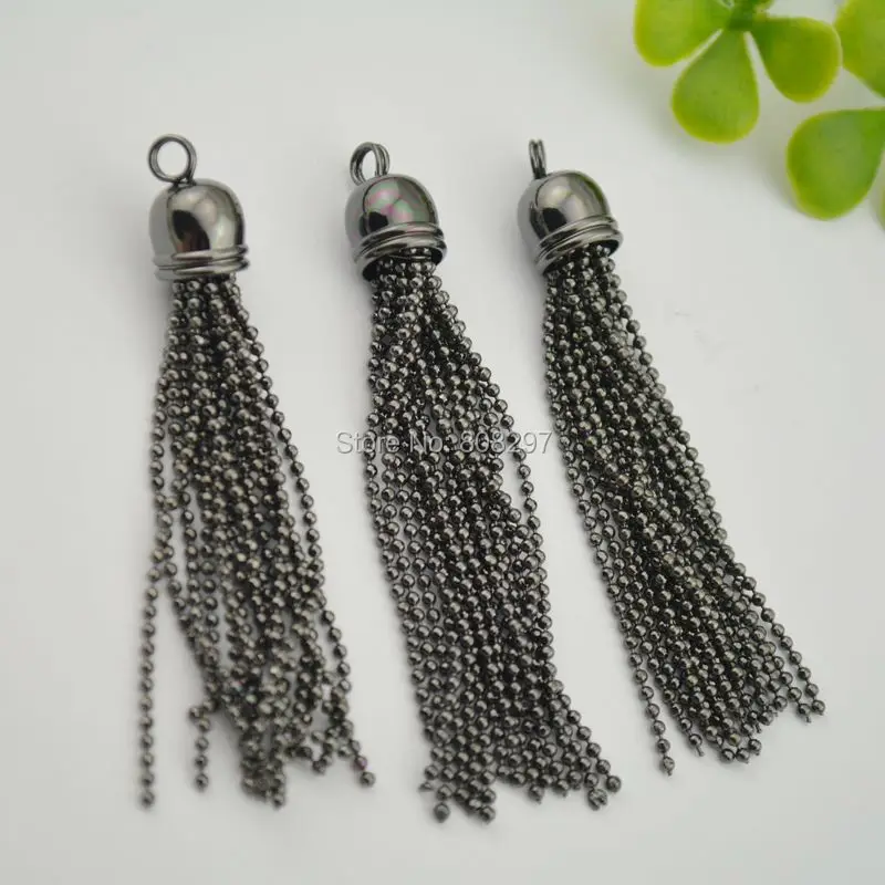 Wholesale 65mm Plated Gun Black Metal Chains Tassel Beaded Chains Charms Jewelry Finding 15Pcs