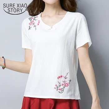 

New 2019 Summer Women shirt Short Sleeve Cotton Linen Shirt Embroidery Floral White Blue Thin Female Tops Blusas D770 30