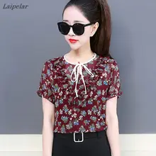 Women Chiffon Shirt Summer Blouses 2018 New Fashion short Sleeves Ladies Tops Bow Tie Ruffles Blouse Loose Casual Blusa Feminina grey self tie design bell sleeves chiffon blouse