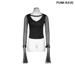 Модные V шеи тощий с женские короткие Harajuku укороченная футболка Black Rock русалка сетки специальная одежда с длинным рукавом Топ Панк RAVE T-451