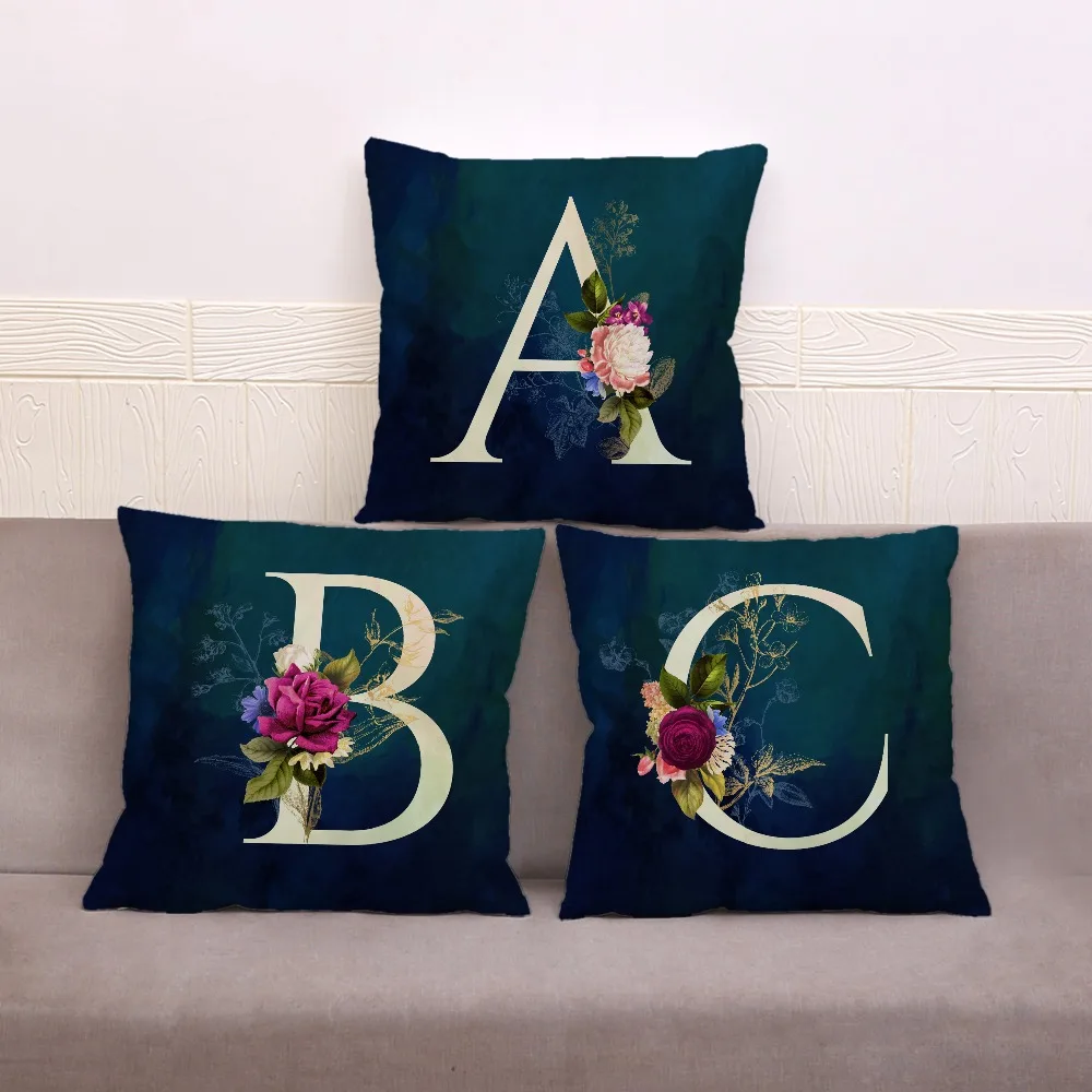

English Flower Dark Blue Letter Print Throw Pillow Cover 45*45cm Cushion Covers Linen Pillow Case Sofa Home Decor Pillows Case