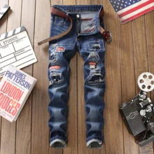 2019 New hole jeans men fashion casual blue denim distressed straight trousers homme jeans plus size 38 patchwork hip hop pants 2019 New hole jeans men fashion casual blue denim distressed straight trousers homme jeans plus size 38 patchwork hip hop pants