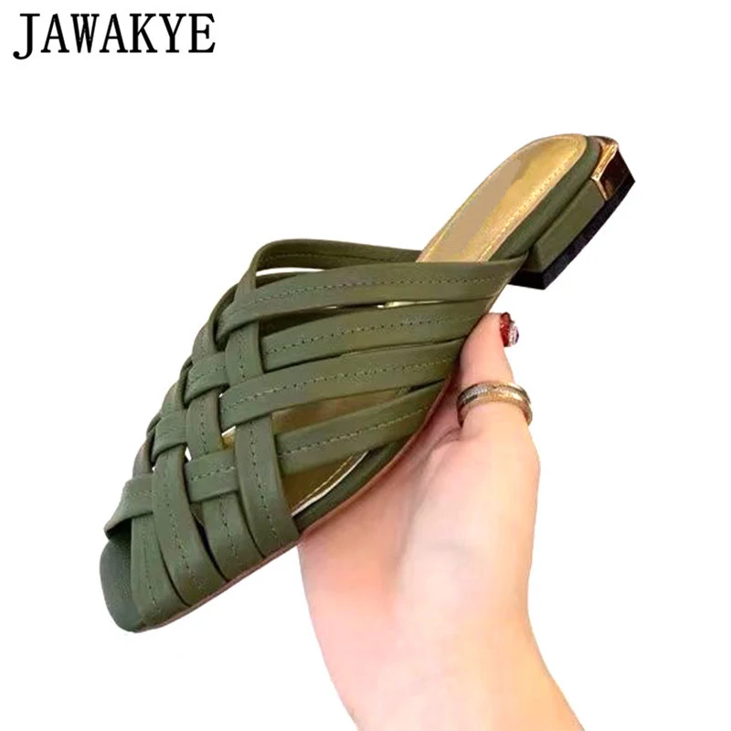

JAWAKYE Cut Outs Slippers Women Peep Toe Real Leather Summer Mules Shoes Fashion New Crossover Weave Shoes Women Runway Style