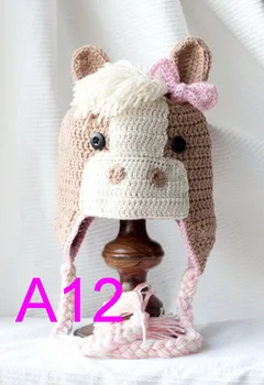

60pcs/lot Cute Crochet Horse Hats with Ear Flaps, Pony Hat, Winter Cap, Newborn to Adult, newborn Photography Prop 100% cotton