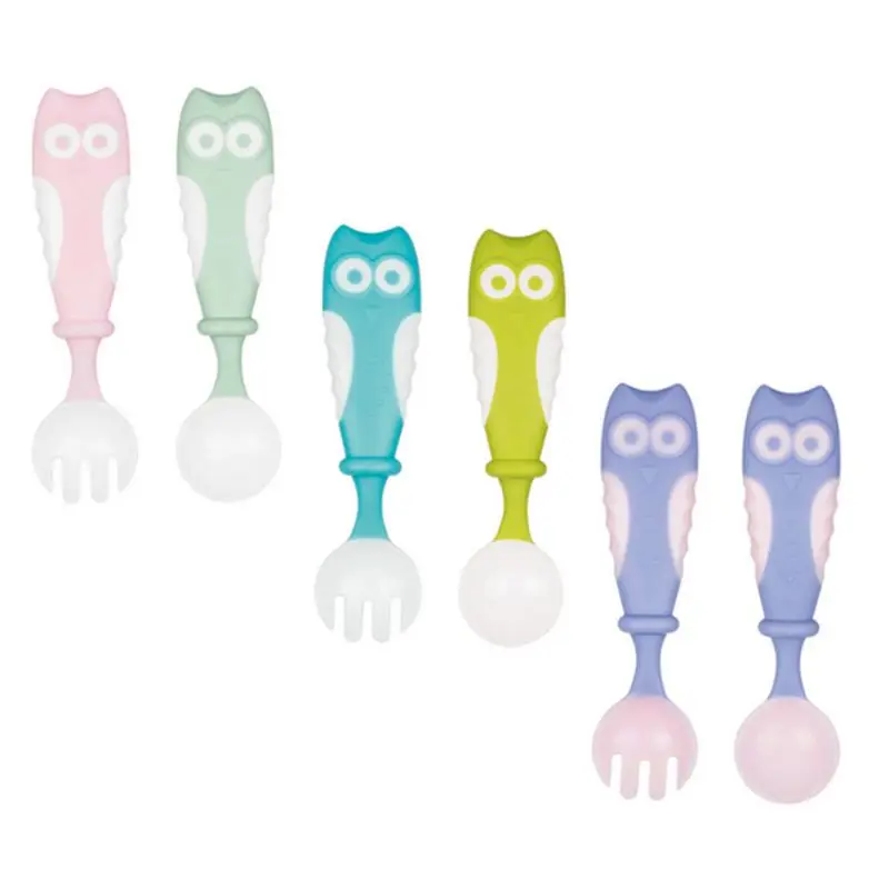 Baby Feeding Spoon Fork Set Cartoon Owl Handle Children Eating Training Tableware Kids Toddler Dishes Dinnerware Accessory