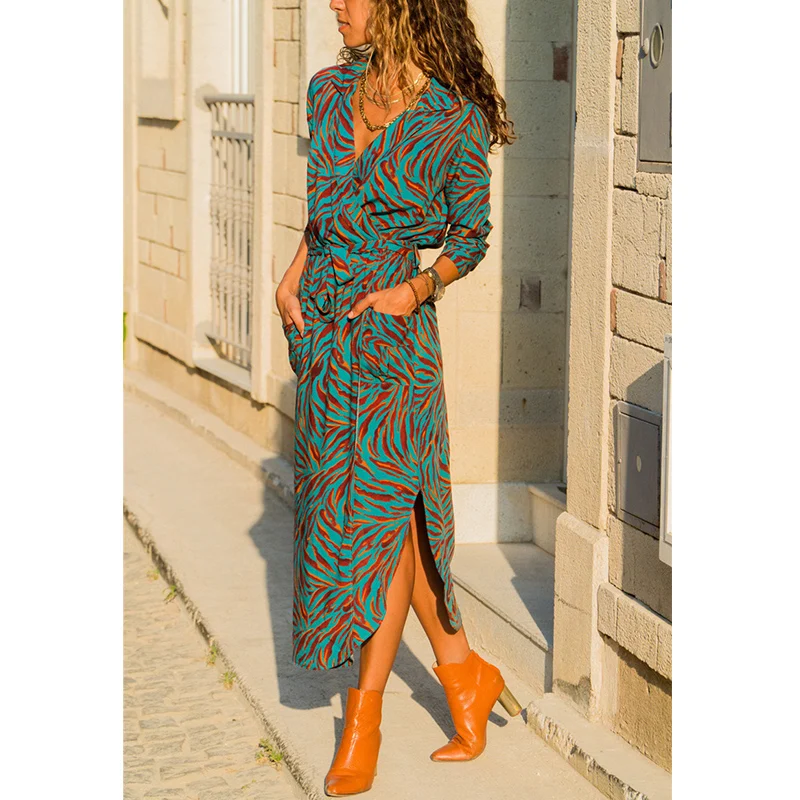 

Women Bohemian Printed Sashes Long Dress Three Quarter Sleeve Straight Casual Beach Dress 2019 Summer Women Party Dresses
