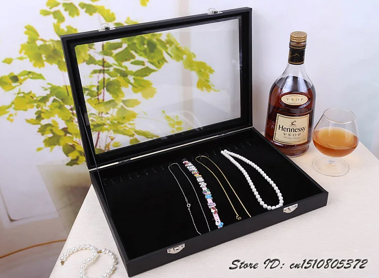 Black Leatherette Necklace Display Tray Jewelry Storage Box Chain
