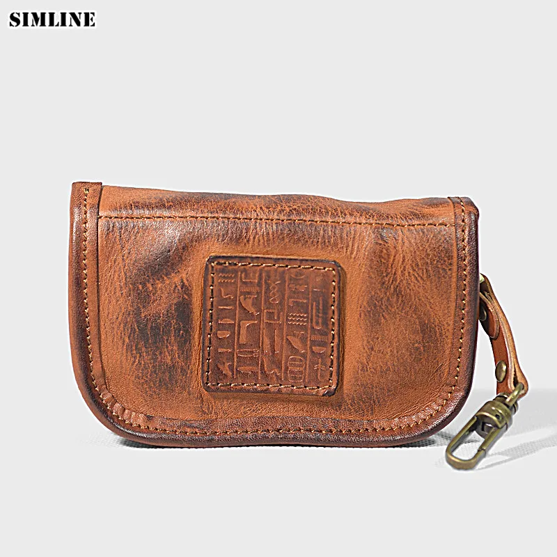 

SIMLINE Genuine Leather Key Wallet Vintage Handmade Vegetable Tanned Leather Men Car Key Holder Card Holders Purse Organizer Man