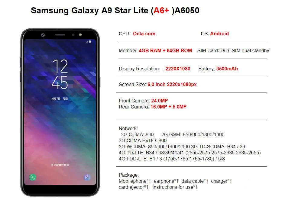 Смартфон Samsung Galaxy A9 S-tar Lite A6+ A6050 6,0 '', 4 Гб ОЗУ, 64 Гб ПЗУ, Android 8,0, двойная задняя камера, отпечаток пальца, мобильный телефон