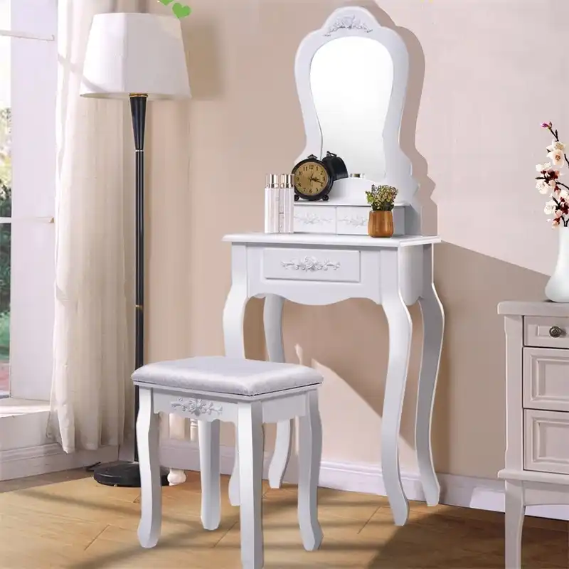 Compact Vanity Large Mirror Makeup Dressing Table Stool Set High