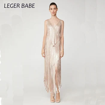 

Khaki Tassels Bandage Dress 2019 Sexy Patchwork Halter Celebrity Evening Party Dresses Backless Spaghetti Strap Club Vestidos