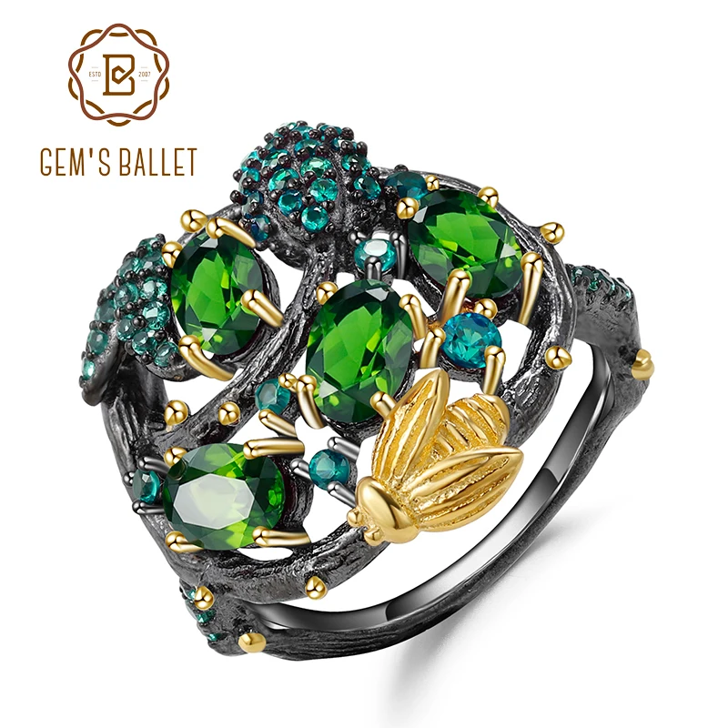 GEM'S BALLET 925 Sterling Silver Handmade Fine Jewelry Natural Chrome Diopside Gemstone Ring Gold Bee on Branch Rings for Women GEM'S BALLET 925 Sterling Silver Handmade Fine Jewelry Natural Chrome Diopside Gemstone Ring Gold Bee on Branch Rings for Women